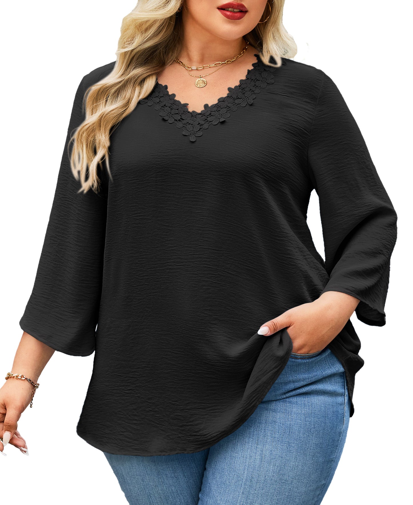 Womens Plus Size Blouses Dressy Casual 3/4 Sleeve Elegant V Neck Floral Trim Ladies Tunics Tops Black