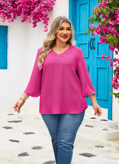Womens Plus Size Blouses Dressy Casual 3/4 Sleeve Elegant V Neck Floral Trim Ladies Tunics Tops Hot Pink