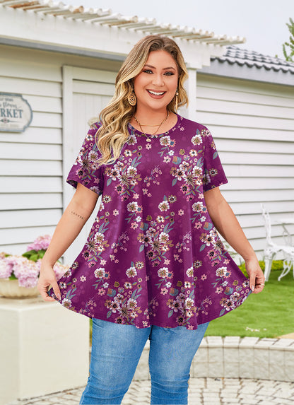 Tunic Tops for Women Plus Size Short Sleeve Crew Neck Swing Flare Loose T-Shirt Blouses to Wear with Leggings Magenta Tunic Floral