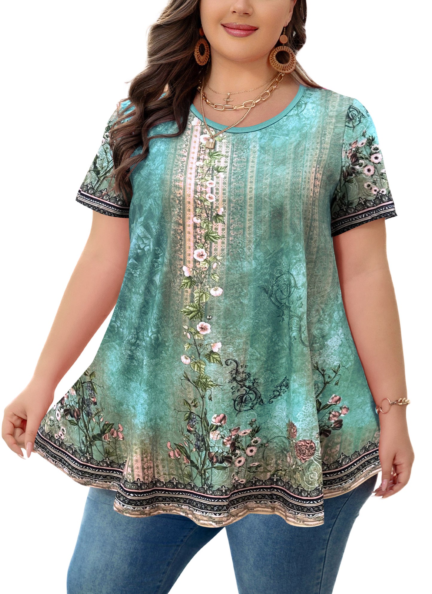Tunic Tops for Women Plus Size Short Sleeve Crew Neck Swing Flare Loose T-Shirt Blouses to Wear with Leggings Green Floral Tunics Tops