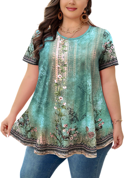 Tunic Tops for Women Plus Size Short Sleeve Crew Neck Swing Flare Loose T-Shirt Blouses to Wear with Leggings Green Floral Tunics Tops