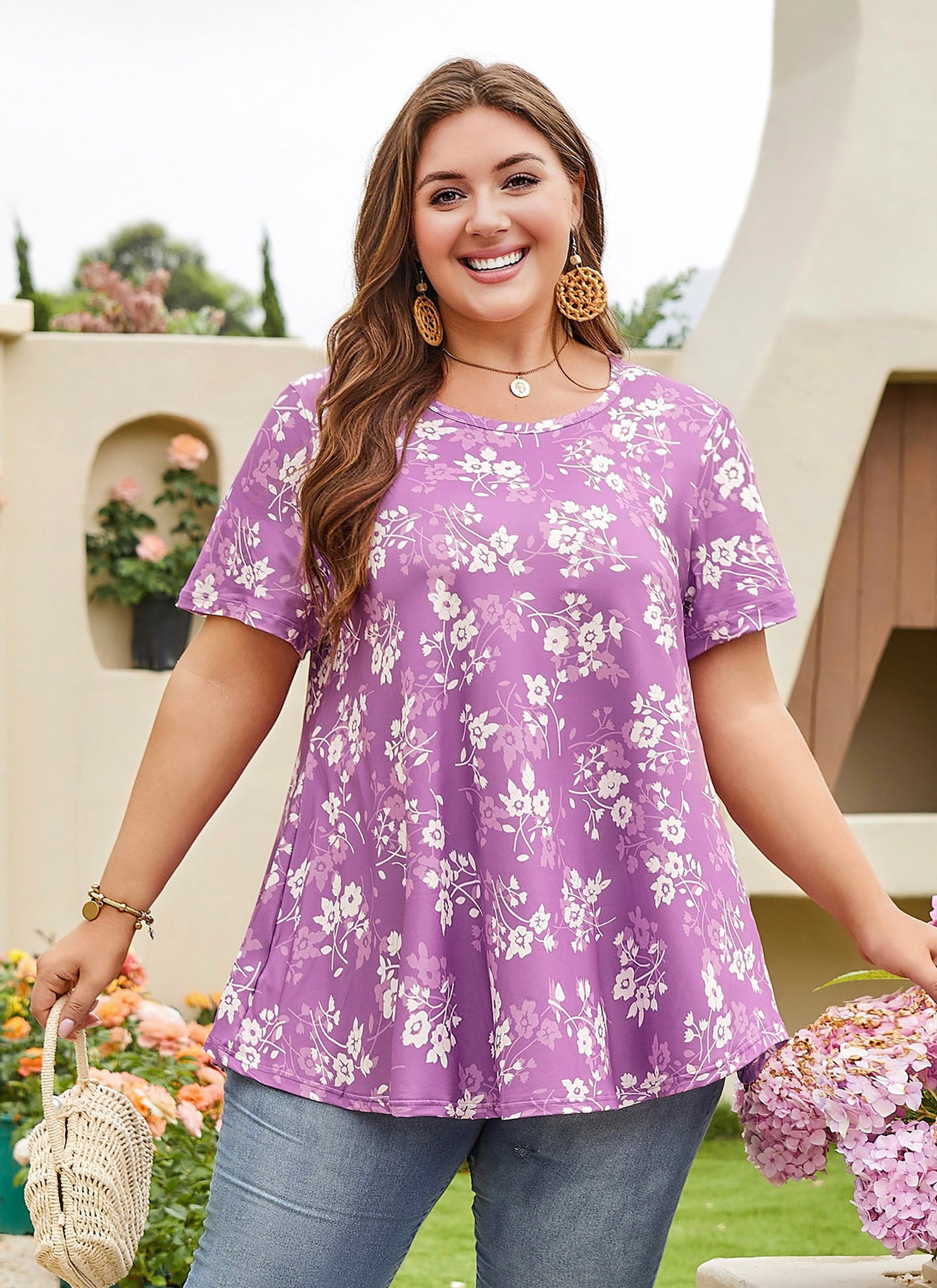 Womens Plus Size Tops Short Sleeve Swing Flare Flowy Tunic Loose Fit Summer Casual Blouses to Wear with Leggings Purple White Tunic