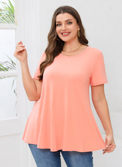 Tunic Tops for Women Plus Size Short Sleeve Crew Neck Swing Flare Loose T-Shirt Blouses to Wear with Leggings  Coral Pink Tunic