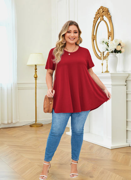 Tunic Tops for Women Plus Size Short Sleeve Crew Neck Swing Flare Loose T-Shirt Blouses to Wear with Leggings Plus Size Red Tops Tunics