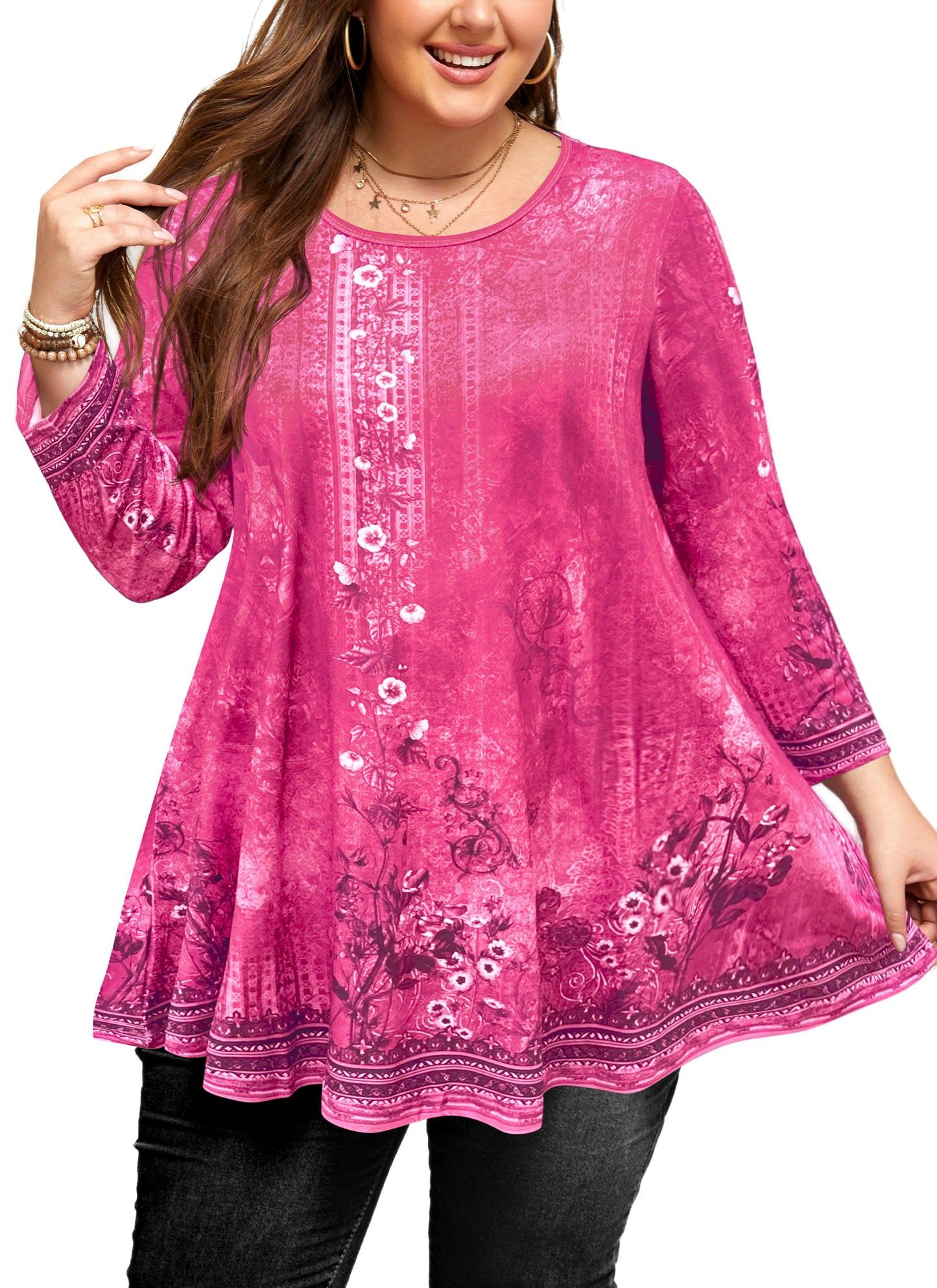 Womens Tunic 3/4 Sleeve Plus Size Tops Crew Neck Swing Flowy Loose Fit T-Shirt Blouses to Wear with Leggings Hot Pink Floral Tunic