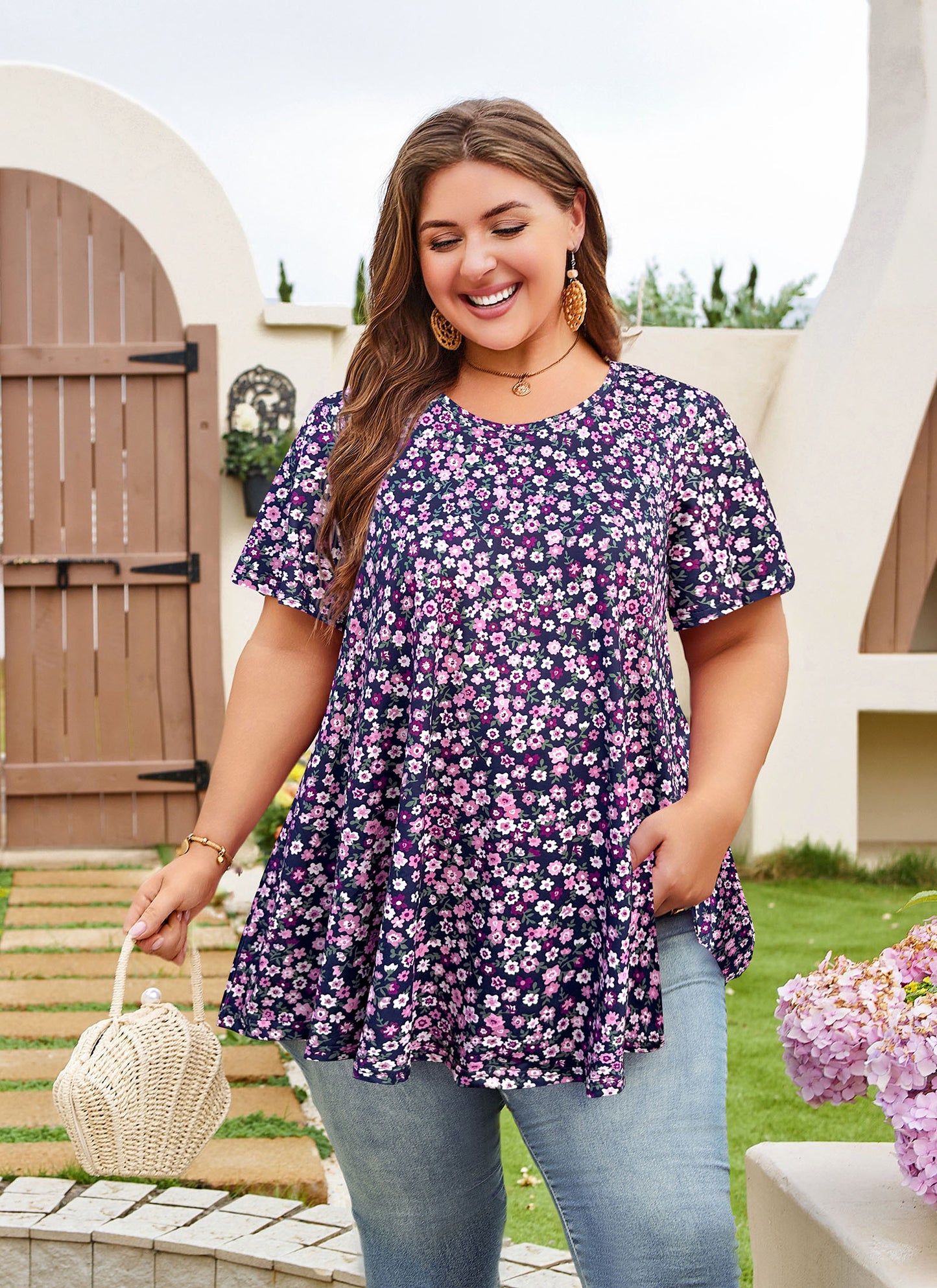 Womens Plus Size Tops Short Sleeve Swing Flare Flowy Tunic Loose Fit Summer Casual Blouses to Wear with Leggings Navy Blue Purple Tunic
