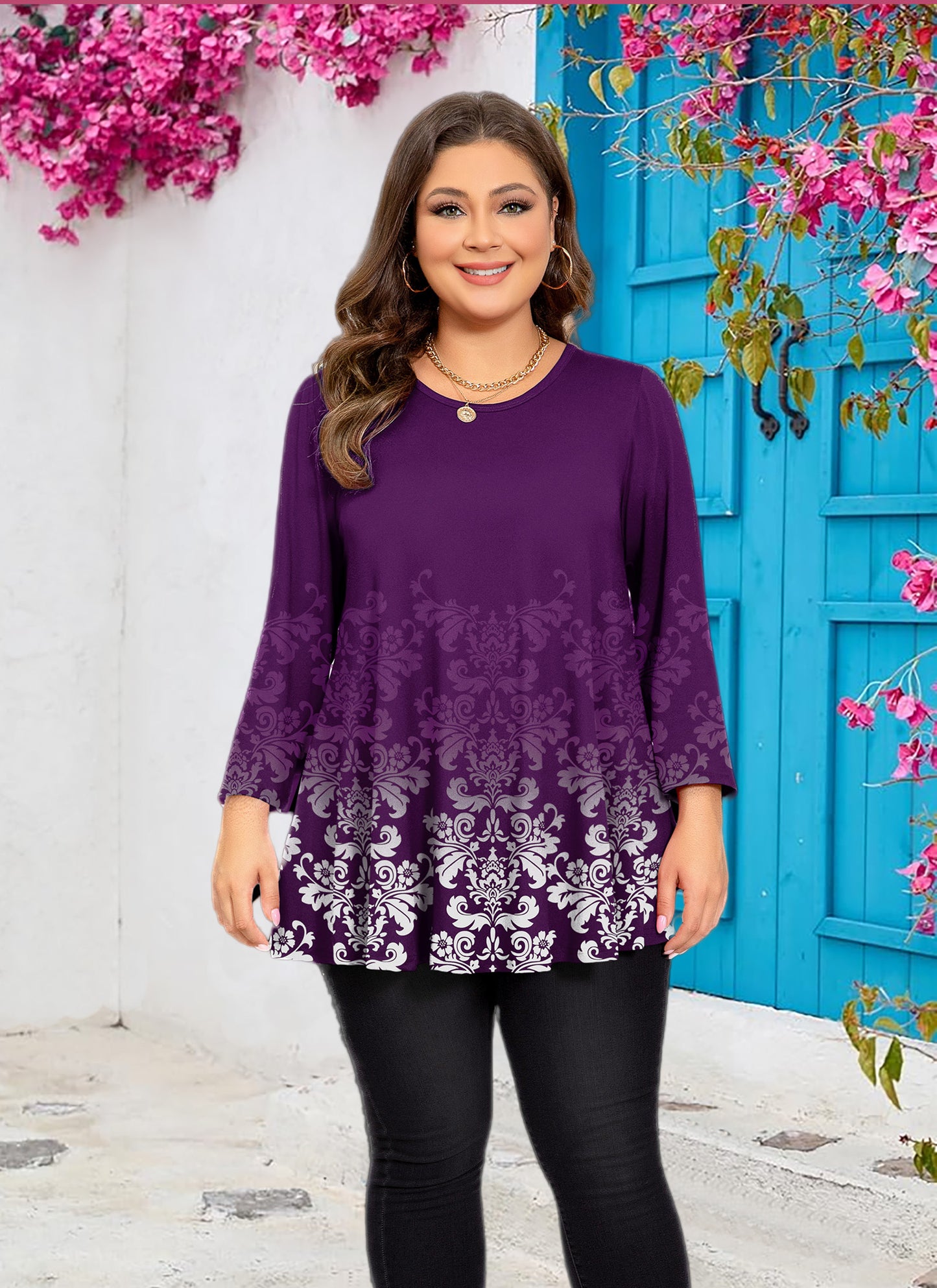 Womens Tunic 3/4 Sleeve Plus Size Tops Crew Neck Swing Flowy Loose Fit T-Shirt Blouses to Wear with Leggings Purple Floral Tops Plus Size