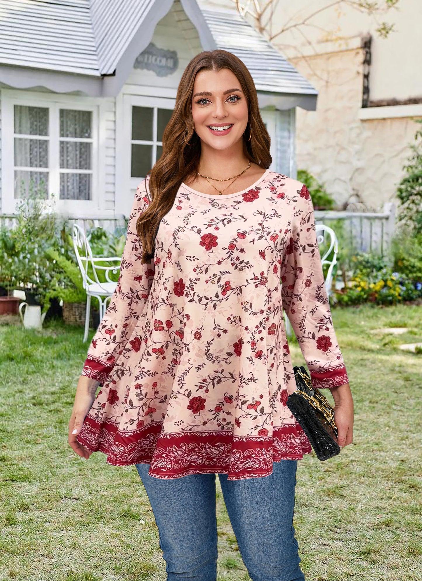 Womens Tunic 3/4 Sleeve Plus Size Tops Crew Neck Swing Flowy Loose Fit T-Shirt Blouses to Wear with Leggings Red Floral Pink Tunic