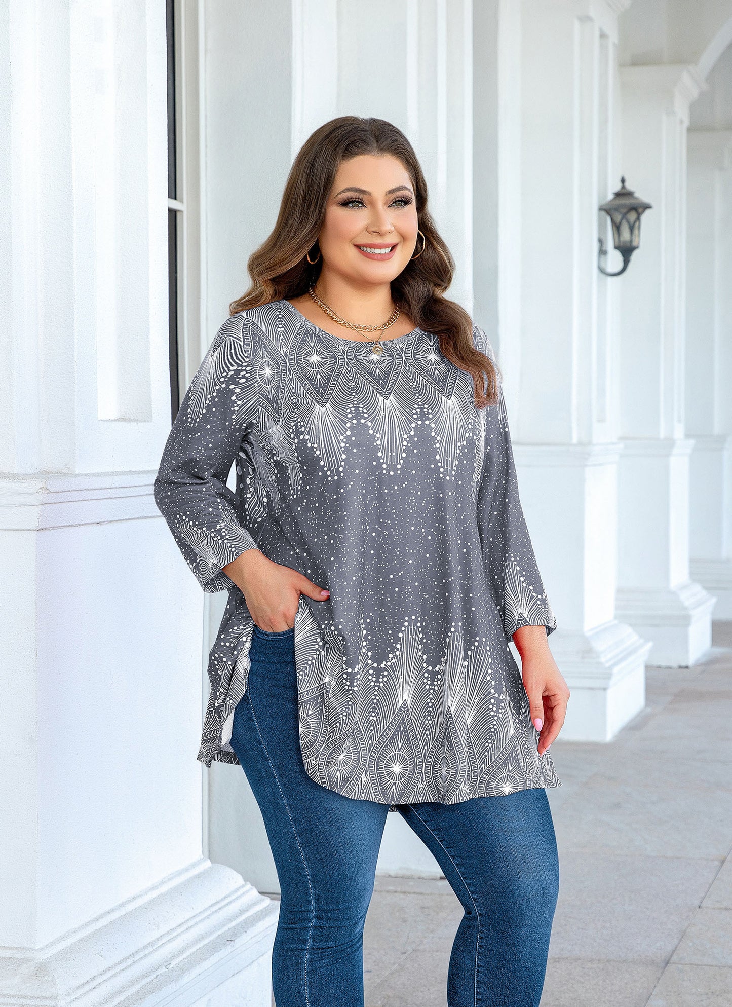 Womens Tunic Tops 3/4 Sleeve Plus Size Crew Neck Swing Flare Loose Fit T-Shirt Blouses to Wear with Leggings Grey Tunic