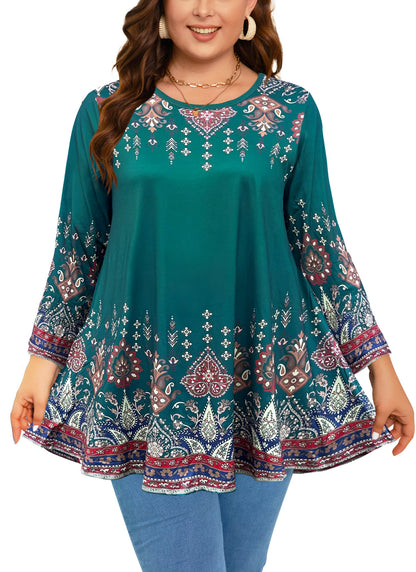 Womens Tunic 3/4 Sleeve Plus Size Tops Crew Neck Swing Flowy Loose Fit T-Shirt Blouses to Wear with Leggings Teals Blue Floral Tunics