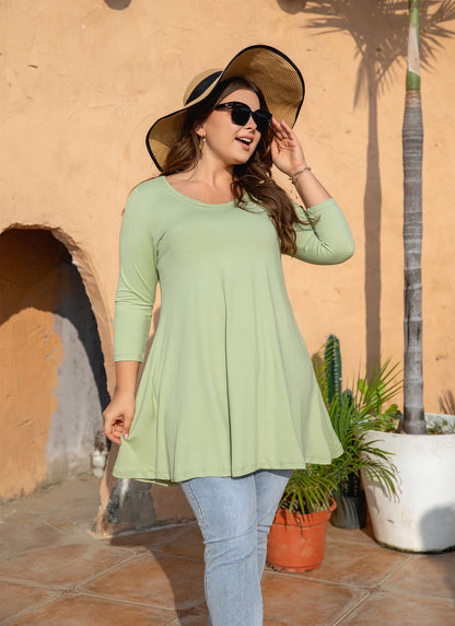 Womens Tops - Plus Size Tunics 3/4 Sleeve Loose Fit Dressy Casual Long Swing Flowy Lady Blouses Shirts Wear with Leggings Teals Blue Clothing A10 SATG