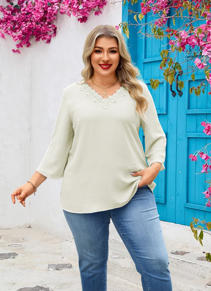 Womens Plus Size Blouses Dressy Casual 3/4 Sleeve Elegant V Neck Floral Trim Ladies Tunics Tops Begie
