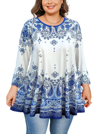 Womens Tunic 3/4 Sleeve Plus Size Tops Crew Neck Swing Flowy Loose Fit T-Shirt Blouses to Wear with Leggings Blue White Floral Tunics Tops