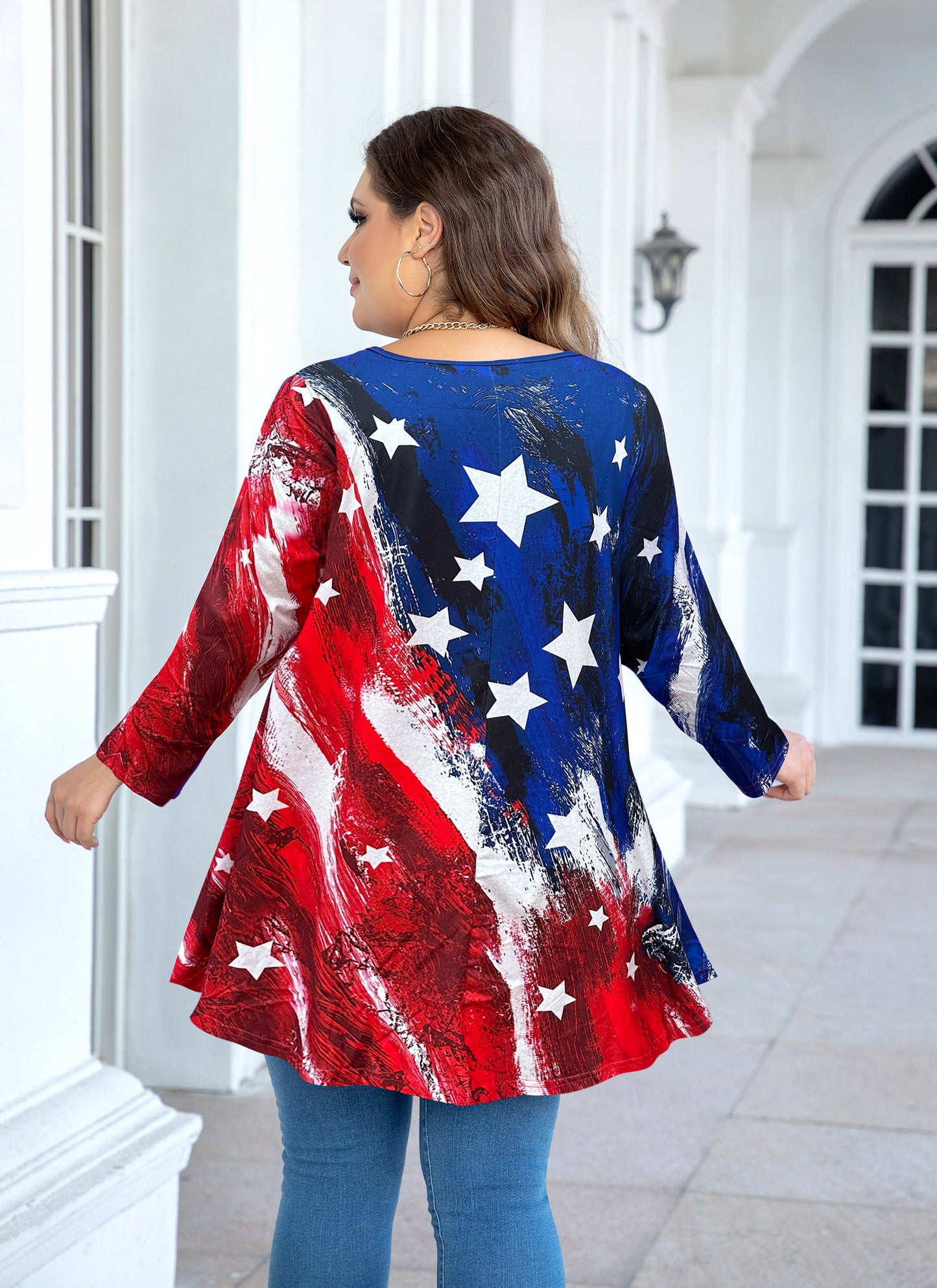 Womens Tunic 3/4 Sleeve Plus Size Tops Crew Neck Swing Flowy Loose Fit T-Shirt Blouses to Wear with Leggings American Flag Tunic