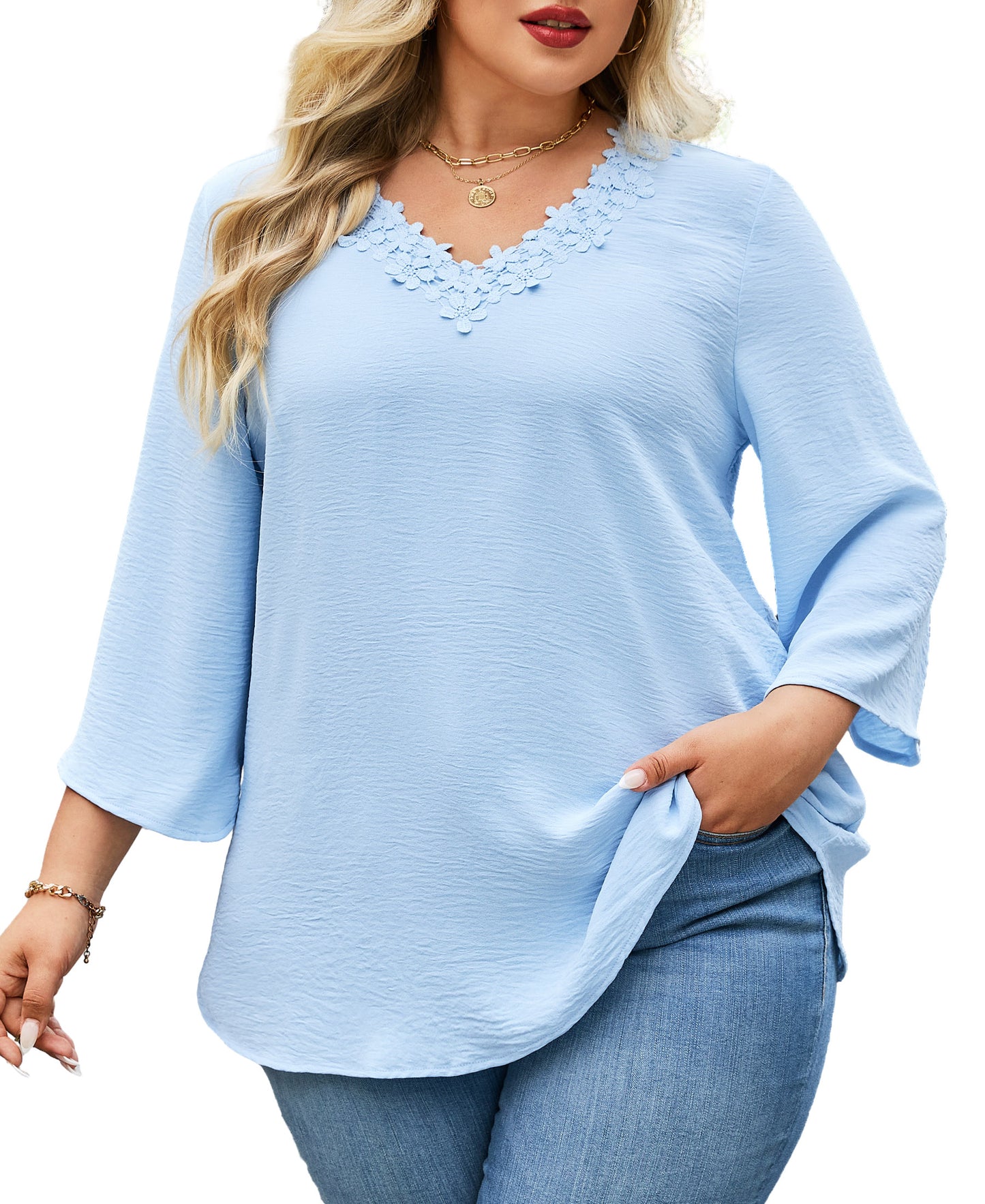 Womens Plus Size Blouses Dressy Casual 3/4 Sleeve Elegant V Neck Floral Trim Ladies Tunics Tops Light Blue