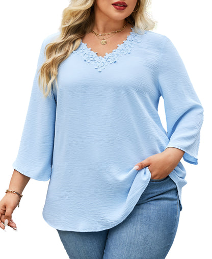 Womens Plus Size Blouses Dressy Casual 3/4 Sleeve Elegant V Neck Floral Trim Ladies Tunics Tops Light Blue