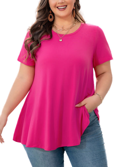 Tunic Tops for Women Plus Size Short Sleeve Crew Neck Swing Flare Loose T-Shirt Blouses to Wear with Leggings Hot Pink Tunic