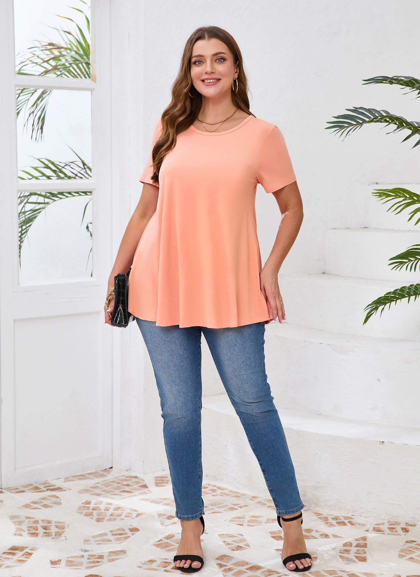 Tunic Tops for Women Plus Size Short Sleeve Crew Neck Swing Flare Loose T-Shirt Blouses to Wear with Leggings  Coral Pink Tunic