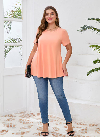 Tunic Tops for Women Plus Size Short Sleeve Crew Neck Swing Flare Loose T-Shirt Blouses to Wear with Leggings  Coral Pink Tunic