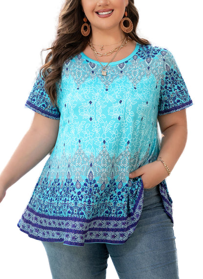 Tunic Tops for Women Plus Size Short Sleeve Crew Neck Swing Flare Loose T-Shirt Blouses to Wear with Leggings Blue Paisley Floral Tunics