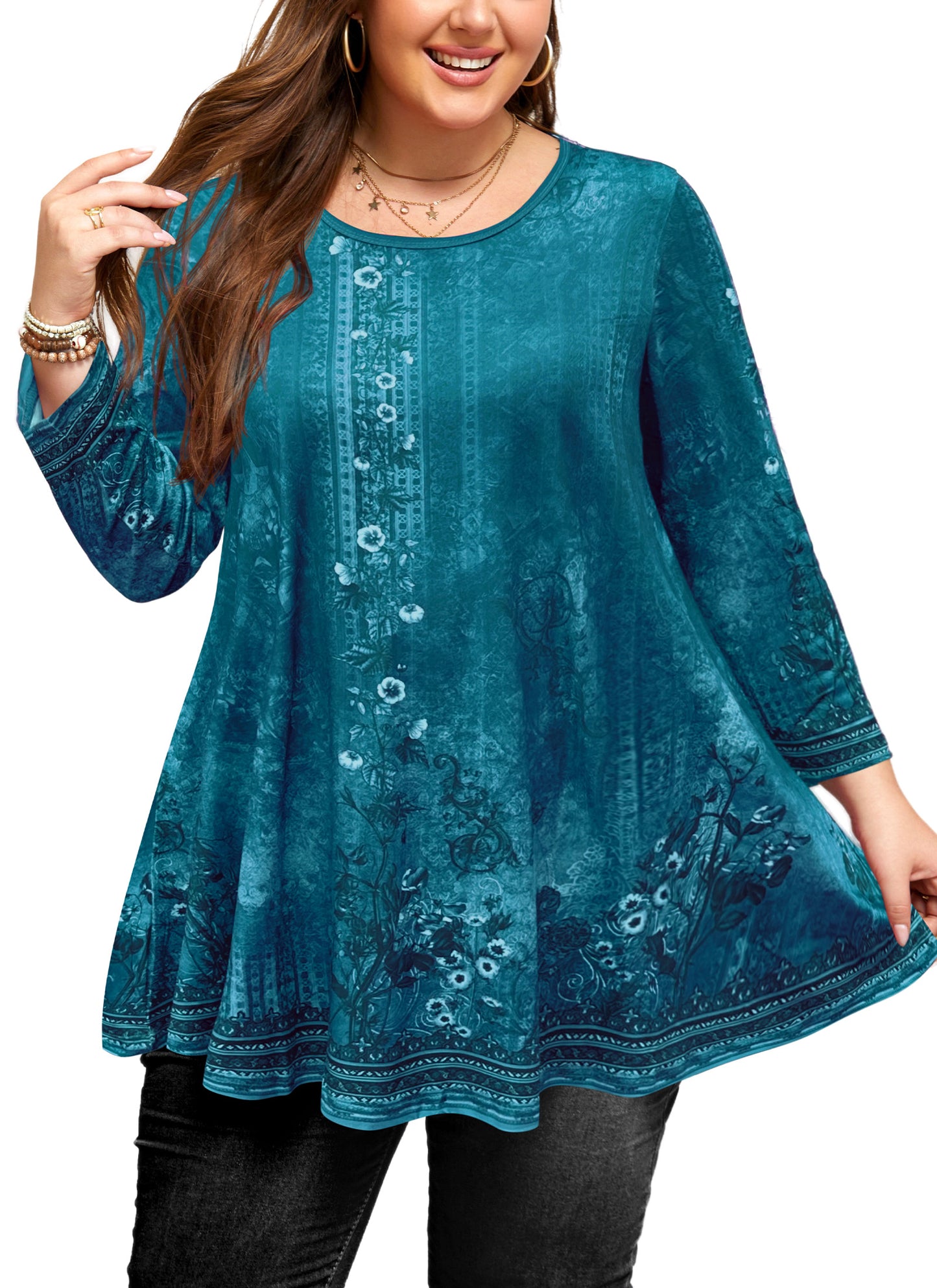 Womens Tunic 3/4 Sleeve Plus Size Tops Crew Neck Swing Flowy Loose Fit T-Shirt Blouses to Wear with Leggings Teals Floral Tunics